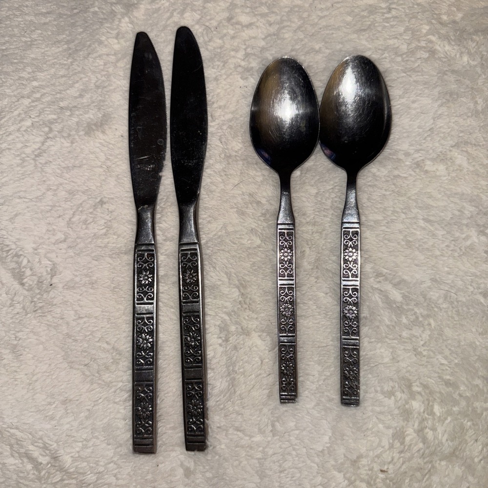 Vtg‎ Northland Korea Spring Fever Stainless Flatware 4 pc Teaspoon/Dinner knives